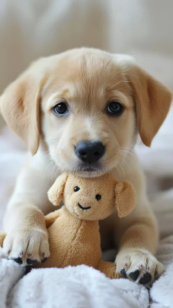 With one paw on a toy, the cute puppy guards its treasure fiercely.