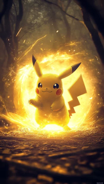 With one paw raised, Pikachu steps confidently into a portal of light.