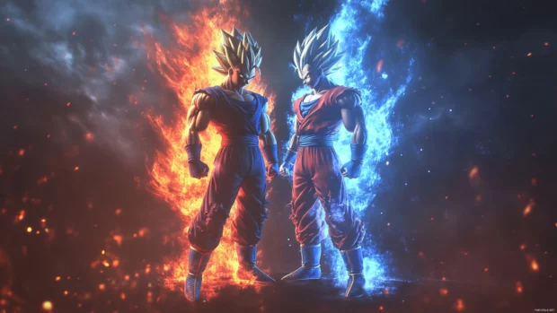 With perfect symmetry, this Goku and Vegeta Wallpaper shows them in Ultra Instinct and Evolved Blue forms.