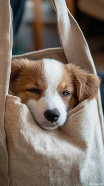 With sleepy eyes, a cute puppy rests inside a soft tote bag.