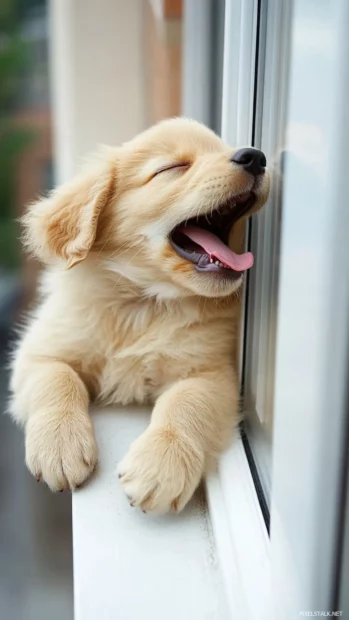 With sleepy eyes, the puppy yawns on a windowsill.