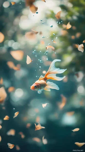 With soft bubbles and aquatic plants in the background, a vibrant close up captures a goldfish with flowing, delicate fins gliding through clear water.