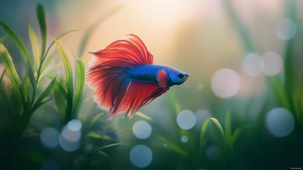 With soft light filtering through the water, a betta fish with vibrant purple and blue hues swims peacefully among aquatic plants.
