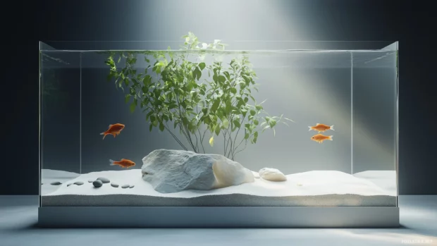 With soft natural lighting illuminating a minimalistic design, this fish tank contains a few elegant fish, smooth stones, sand, and a single large plant as a centerpiece.
