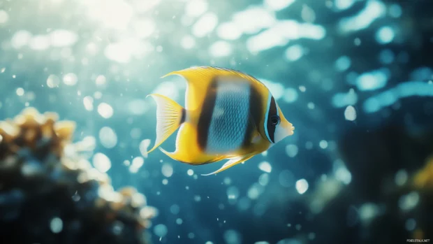 With soft sunlight filtering through the water, radiant blue and yellow tones highlight an angelfish swimming solo in a tranquil ocean environment.