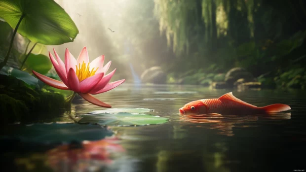 With soft sunlight filtering through water lilies and casting gentle shadows on the pond floor, serene koi fish glide in a natural pond.