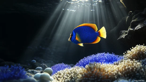With sunlight streaming down from above, an angelfish with shimmering blue and yellow hues elegantly navigates around rocks and sea anemones.