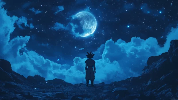 With the night sky behind him, Goku hovers silently glowing in soft blue light.