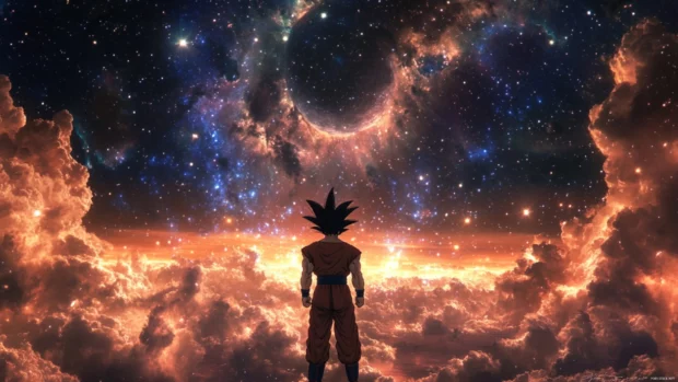 With the stars behind him, Goku stands alone in space surrounded by a quiet aura.