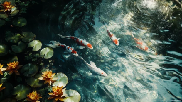With their scales shimmering under the sunlight, elegant koi fish swim in a crystal clear pond surrounded by vibrant lily pads and soft ripples.