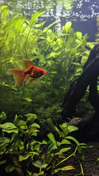 With vibrant colors and shimmering scales, an elegant goldfish swims in a beautiful aquarium filled with aquatic plants in a peaceful underwater scene featuring clear water and soft lighting.
