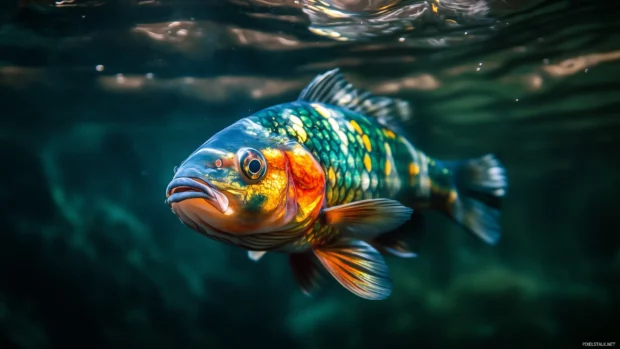 With vibrant green and gold scales contrasting against dark blue water, a large bass fish is captured underwater in a lake.