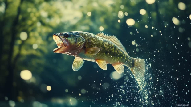 With water droplets and a blurred forest background, an action shot captures a bass fish striking bait in mid air, creating a dynamic scene.