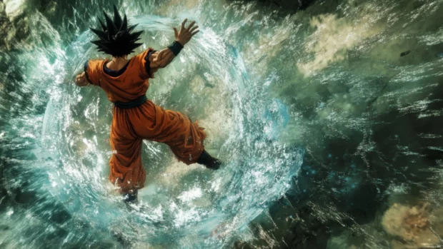 Without moving, Goku causes the ground to split beneath him with sheer pressure.