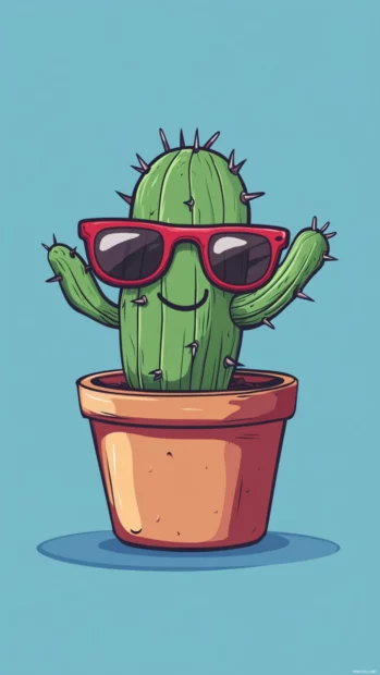 Witty cartoon cactus dancing in a pot with tiny sunglasses.