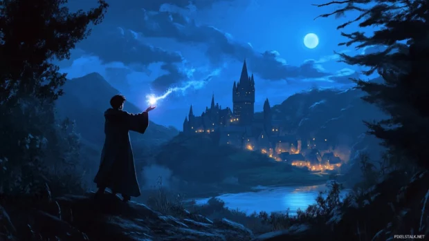 Wizarding World desktop wallpaper, cinematic illustration of Harry Potter casting a spell at night.