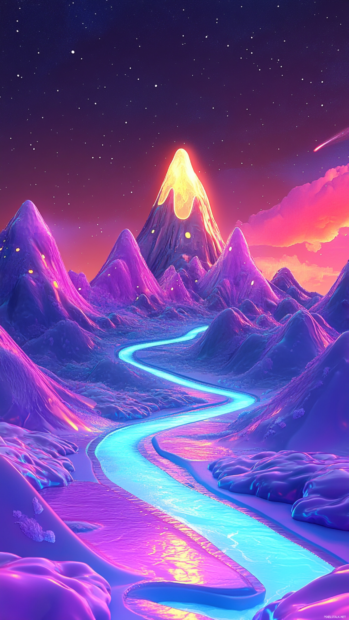 Wobbling ice cream mountains with cartoon trippy skies and glowing rivers.