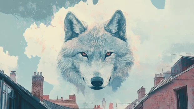 Wolf head etched in clean pastel lines above rooftops.