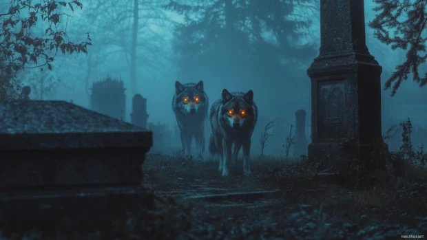 Wolves with glowing eyes prowling foggy cemetery.