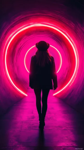 Woman in visor jacket walking into a neon portal.