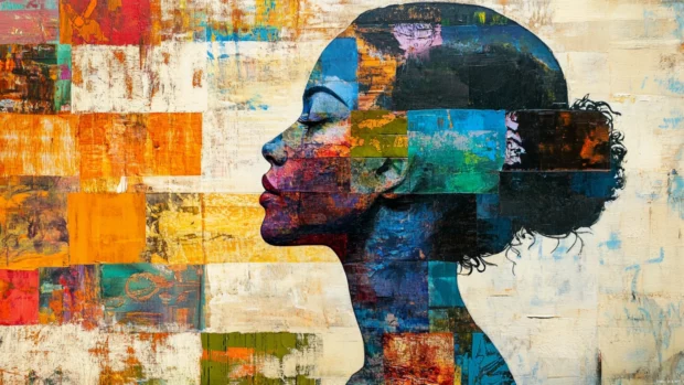 Womans profile painted in collage of art movements.