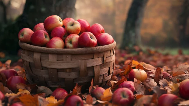 Wooden basket full of freshly picked apples on a leaf pile.