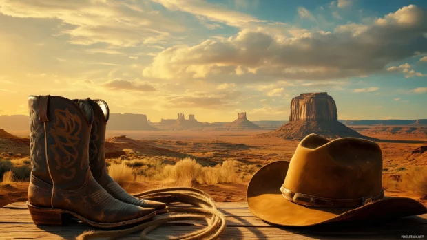 Wooden table holding cowboy hat, cracked boot, and lasso, sun scorched desert behind.