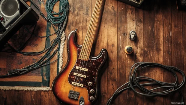 Woodgrain textures surrounding instruments and cables.