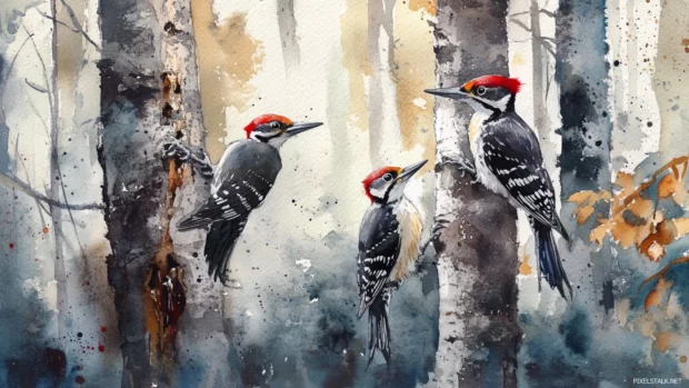 Woodpeckers tapping trees deep in a dense watercolor forest.