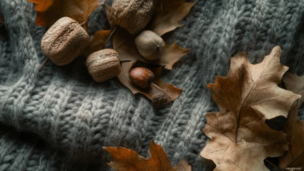 Wool sweater texture beside dried leaves and acorns close up.