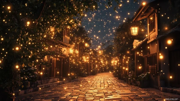 Worn cobblestone streets soaking in golden starlight.