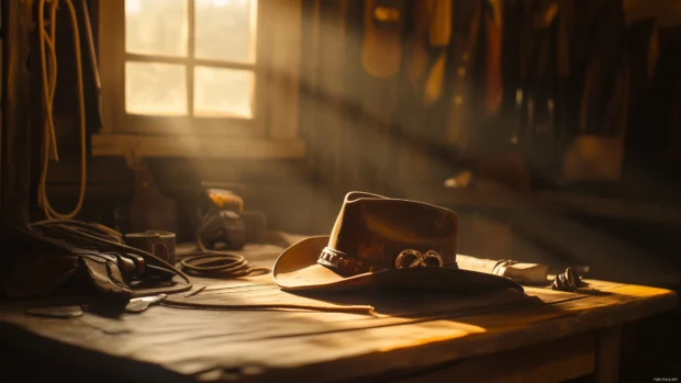 Worn cowboy hat on table with leather gear and lasso, soft sunlight through barn window.