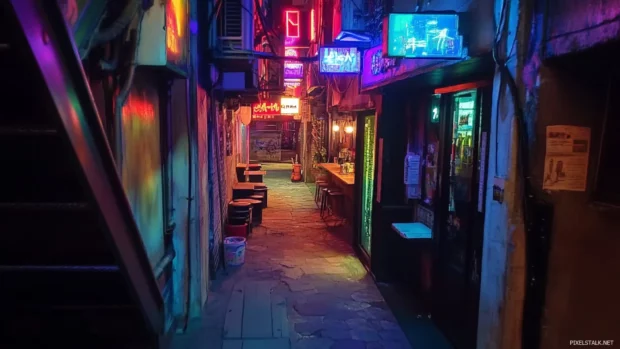 Worn cyberpunk bar hidden among neon alleys.