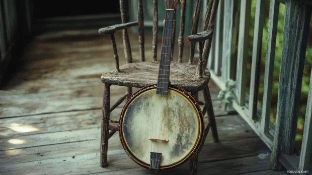 Worn out banjo resting against antique chair on porch.