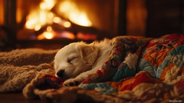 Wrapped in a colorful quilt, the puppy sleeps near a flickering fireplace.