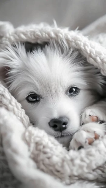 Wrapped in a cozy blanket, this adorable canine fits well with soft aesthetic puppy wallpaper styles.