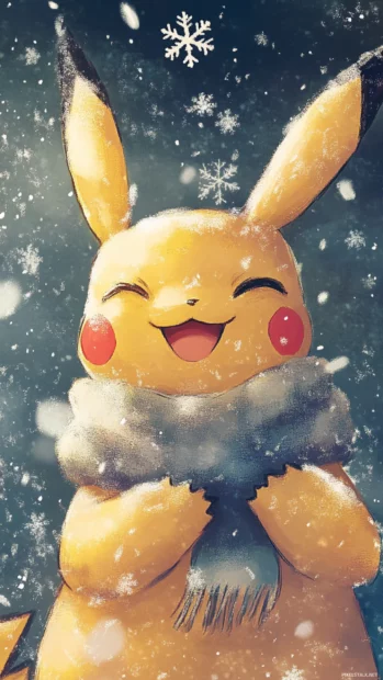 Wrapped in a cozy scarf, Pikachu watches snowflakes fall with a smile on its face.