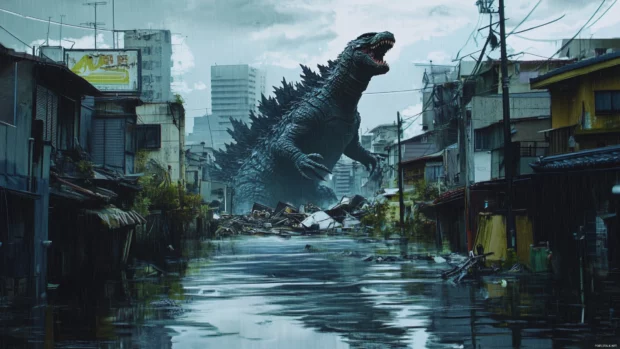 Wreckage floats behind Godzilla as he crosses a flooded district.