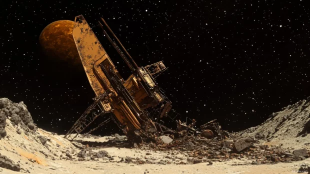 Wreckage of an old satellite orbiting a giant gas planet.