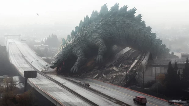Wrecked freeway collapsed under the force of Godzillas tail.