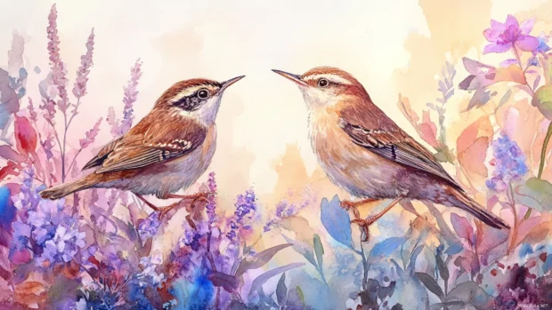 Wrens singing at dawn surrounded by blooming watercolor gardens.