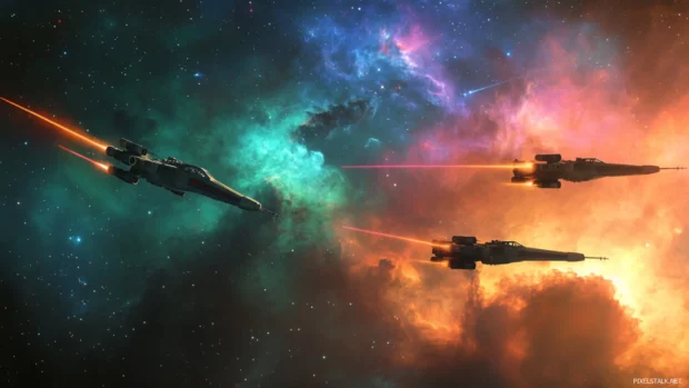 X Wing squadron flying above a neon colored nebula, popular Star Wars wallpaper for desktops.