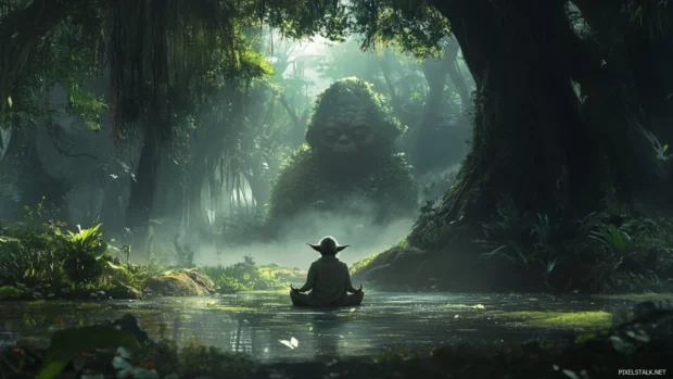 Yoda meditating in a lush Dagobah swamp, a soothing and magical option for Star Wars Wallpapers for PC.