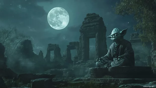 Yoda meditating under moonlight in ancient temple ruins.