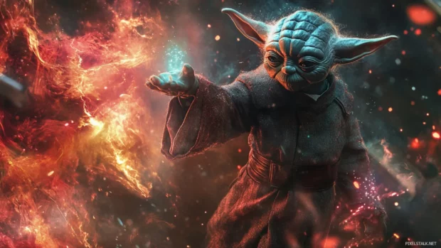 Yoda using the Force surrounded by glowing light, an excellent addition to Star Wars PC wallpapers.