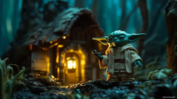 Yodas hut illuminated by a small lantern on Dagobah.