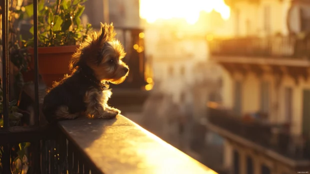 Yorkshire Terrier puppy on a city balcony with morning light, a premium puppy background wallpaper.