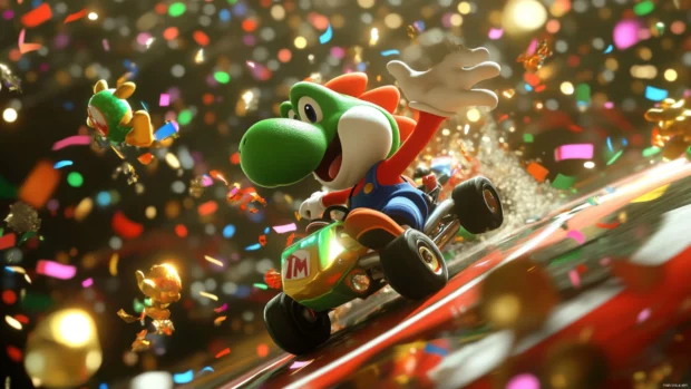 Yoshi blasts forward from the starting line as confetti rains down in Mario Kart celebration.