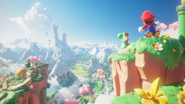 Yoshi dashes by in the background while the Mario Bros climb a mountain toward a warp zone.