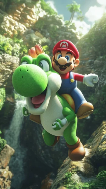 Yoshi happily carrying Mario across a dangerous gap, a heartwarming Super Mario duo.